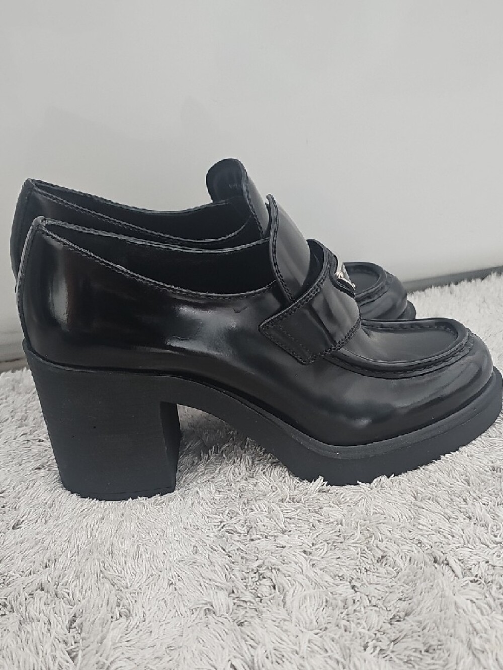 Prada Black Heeled Loafers with Silver Logo Triangle - Picture 5 of 10